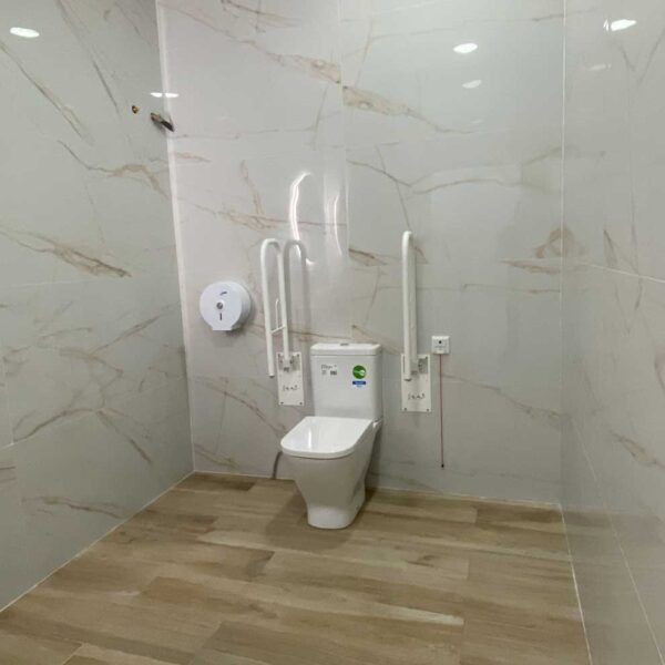 Baño adaptado con barras de apoyo, suelo imitación madera y revestimiento cerámico